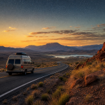 Wohnmobil auf einer kurvigen Straße in einer Wüstenlandschaft bei Sonnenaufgang unter sternenklarem Himmel