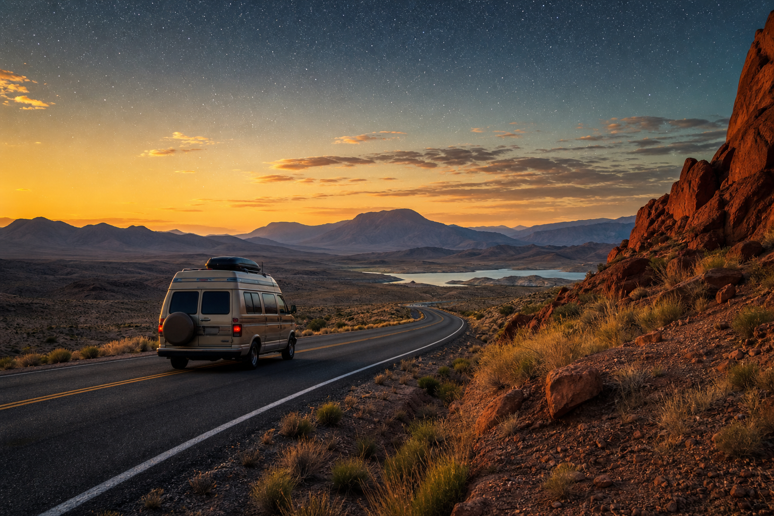 Wohnmobil auf einer kurvigen Straße in einer Wüstenlandschaft bei Sonnenaufgang unter sternenklarem Himmel