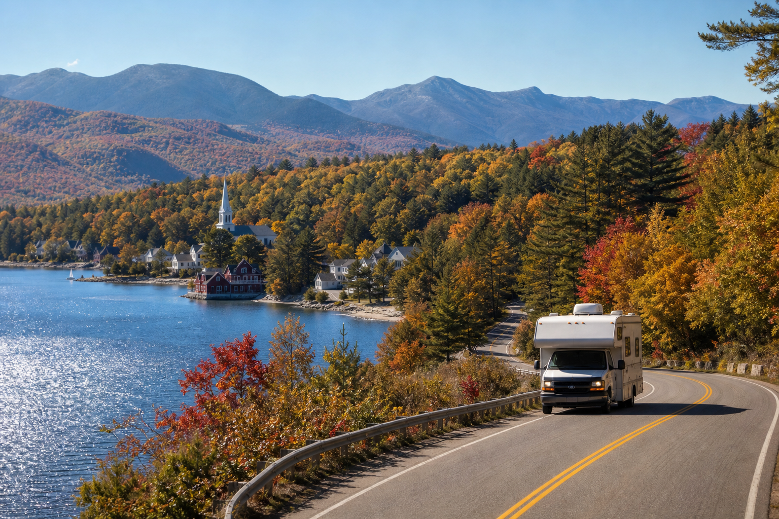 Wohnmobil auf einer kurvigen Uferstraße am See mit Herbstlaub und Bergen im Hintergrund