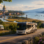 Wohnmobil fährt auf einer kurvigen Küstenstraße an Fluss, Stadt und Bergen vorbei