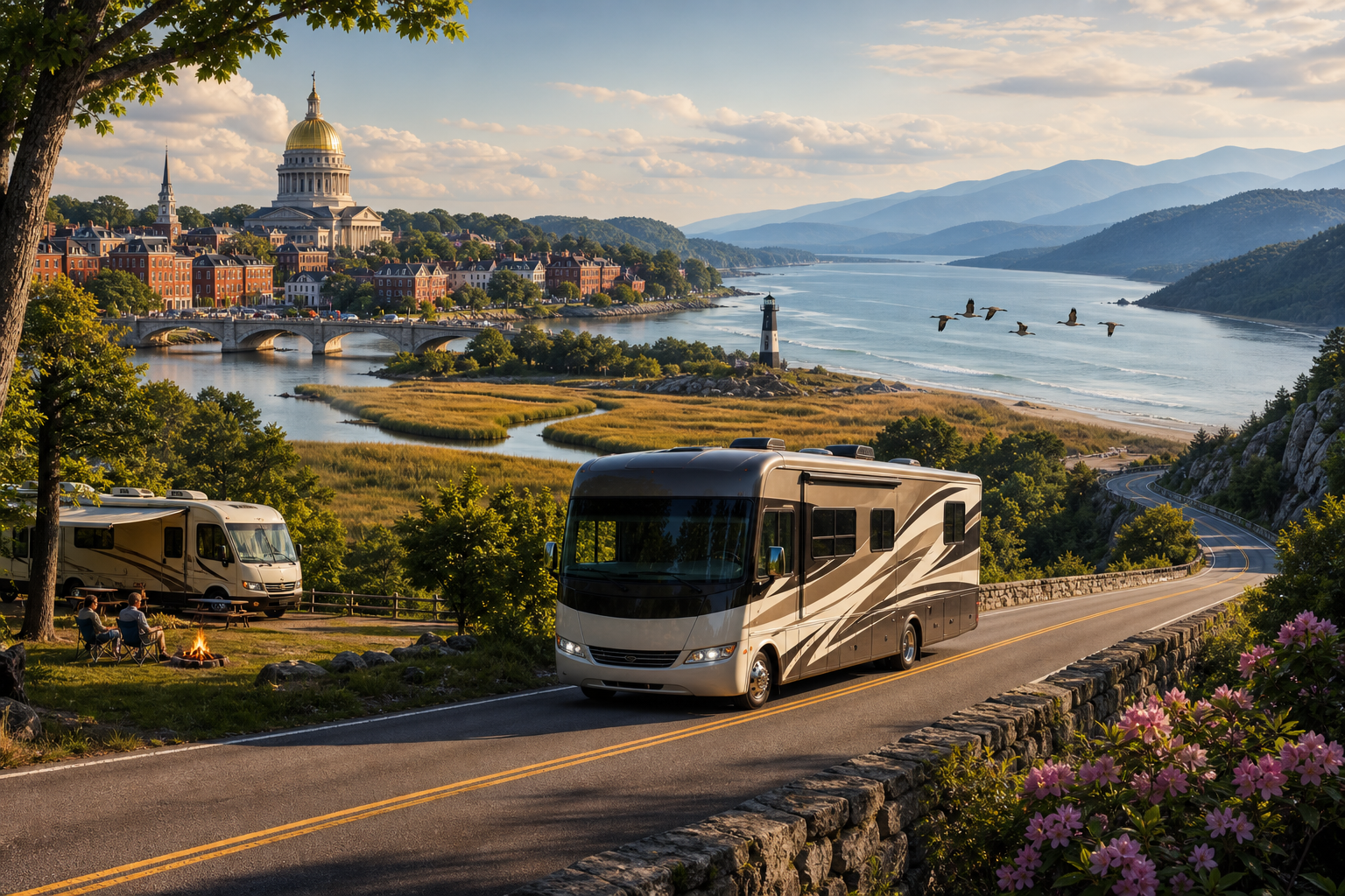 Wohnmobil fährt auf einer kurvigen Küstenstraße an Fluss, Stadt und Bergen vorbei